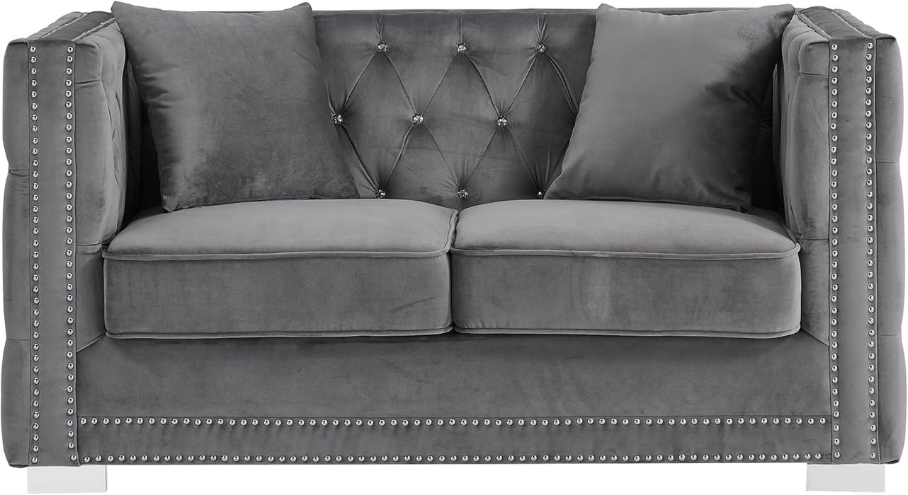 Grey Velvet Loveseat: Button-Tufted, Nailhead Trim, Modern Style