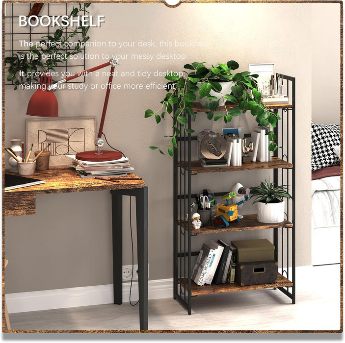 No Assembly 4 Tiers Folding Bookshelf, 47.2" H Foldable Storage Shelves Vintage Bookcase Standing Racks Study Organizer Home Office - Rustic Brown Black