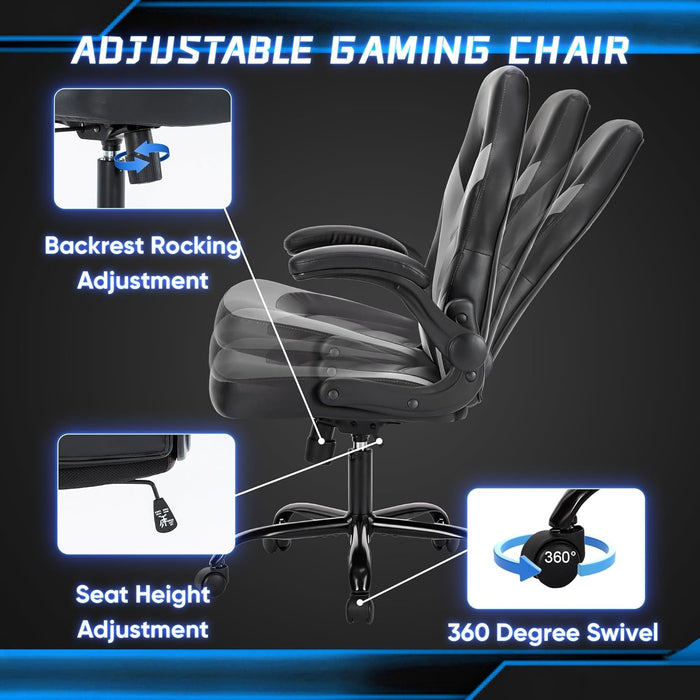 Big and Tall Office Desk Leather Gaming Computer Chair with Adjustable Swivel Task and Flip-Up Arms for Adults,Teens