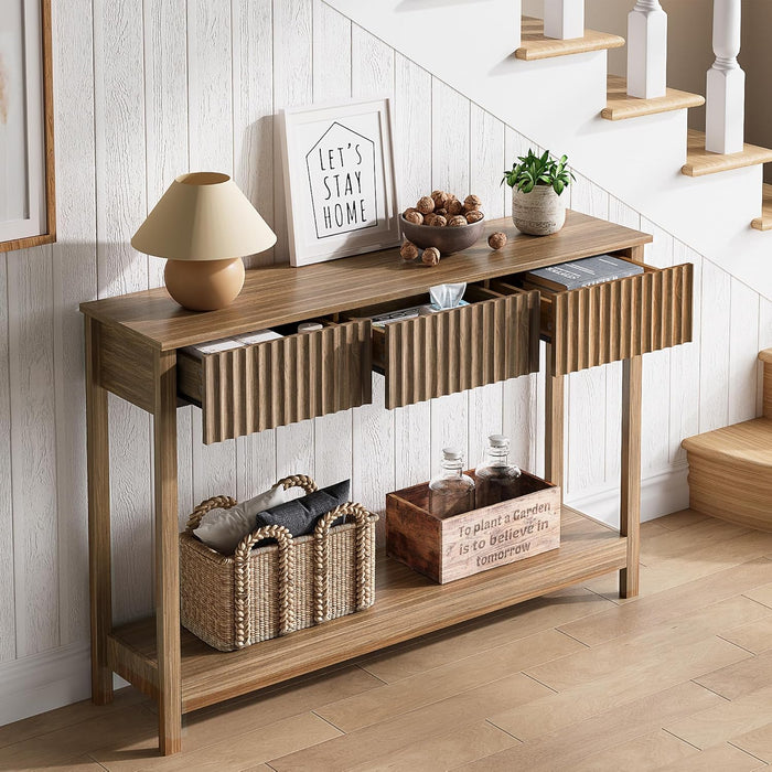 47" Console Table with Drawers, Fluted Narrow Entryway Table with Open Shelf, Farmhouse Sofa Table behind Couch for Hallway, Living Room, Brown