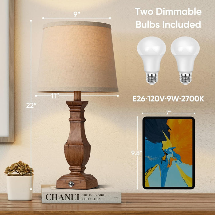 Dimmable Table Lamps Set of 2, Rustic Farmhouse Table Lamps for Living Room Bedroom, Bedside Desk Lamps for End Tables, Touch Lamps for Nightstand, 9W Bulbs Included, 22", Brown