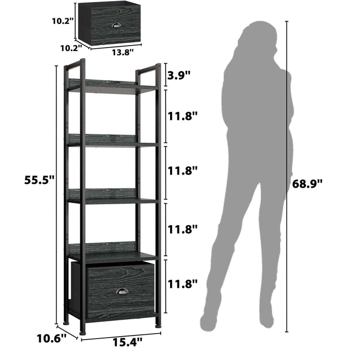 5 Tier Bookshelf with Drawer, Kitchen Bakers Rack with Storage, Tall Narrow Bookcase, Industrial Free Standing Display Shelf, Wood and Metal Book Shelf for Bedroom, Living Room, Black