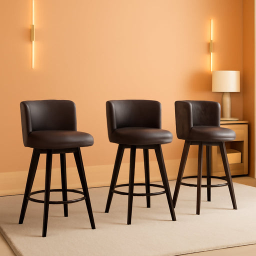 Swivel Bar Stool Set of 3, Faux Leather Low Back Counter Height Bar Stools, 27.5" Upholstered Tufted Counter Barstools with Wood Legs for Kitchen Island, Home Bar (Brown)