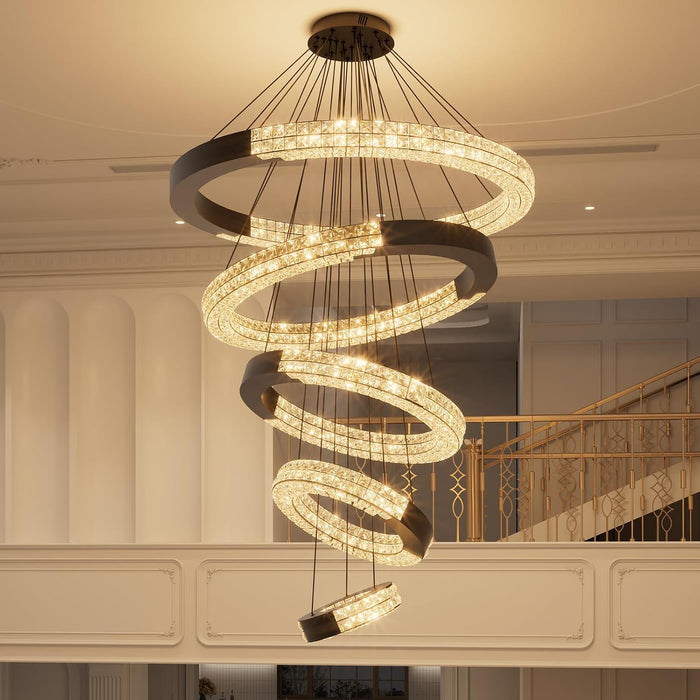 5 Ring Large Black Chandeliers Luxury Modern Crystal Chandelier Lighting, High Ceiling Chandelier for Foyer Staircase D12''+20''+27.5''+35''+43''
