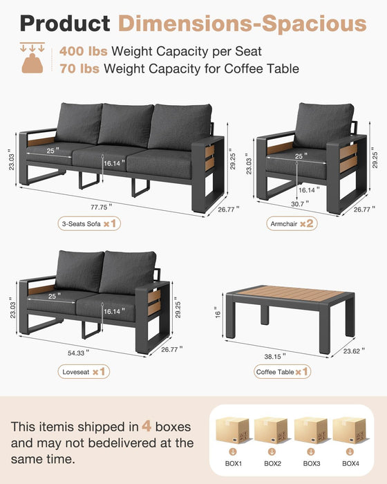 Aluminum Patio Furniture Set, 5 Piece Luxury Outdoor Sectional with 6" Olefin Fabric Cushions, Patio Conversation Sets with Coffee Table & Oversized Seats for Backyard, Porch Dark Grey