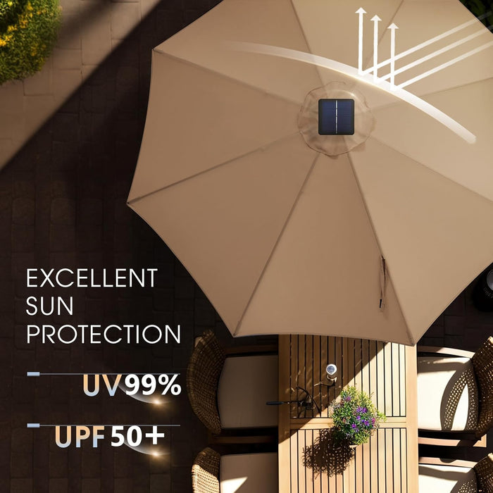 9FT Solar Led Patio Umbrella with Base Included, 32 LED Lights, 8 Sturdy Ribs, Fade Resistant Waterproof POLYESTER DTY Canopy for Garden, Lawn, Deck, Backyard & Pool, Tan