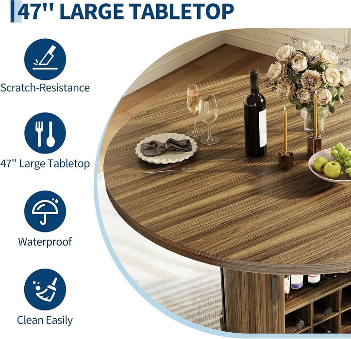 Dining Table, 47 Inch round Dinner Table for 4-6, Kitchen Tables with Storage and Wine Cabinet for Home Dining Room Living Room, Walnut
