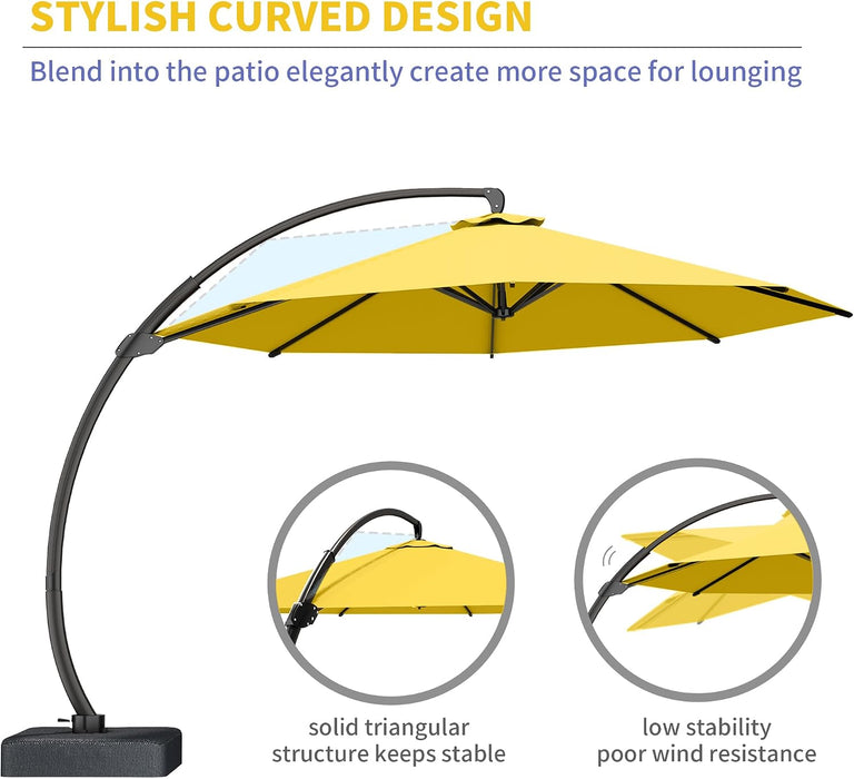 11Ft Offset Cantilever Patio Umbrella with Base Included, Large round Aluminum Outdoor Umbrella, 360° Rotation & Infinite Tilt, Heavy Duty Frame for Deck Pool Backyard, Yellow