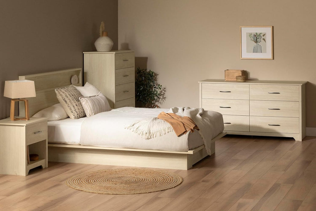 Fusion Platform Bed and Headboard with Storage Shelf Set, Full/Queen, Bleached Oak