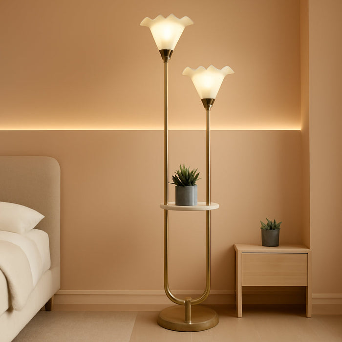 Dimmable Flower Floor Lamp with Table for Living Room, Modern Mid Century Gold Metal Tall Standing Lamp with 5Lbs Heavy Base for Bedroom/Sofa Beside/Corner Decor (Bulb Included)