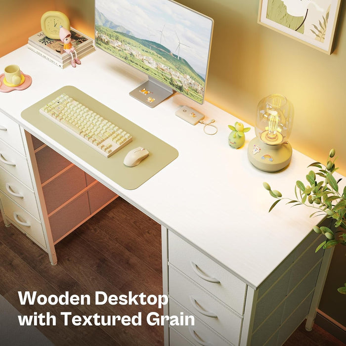 47 Inch Vanity Desk with 8 Drawers, White Desk, Makeup Desk with Large Storage, Fabric Drawers, Wooden Desktop, Computer Desk Work Desk, for Home Office, Bedroom