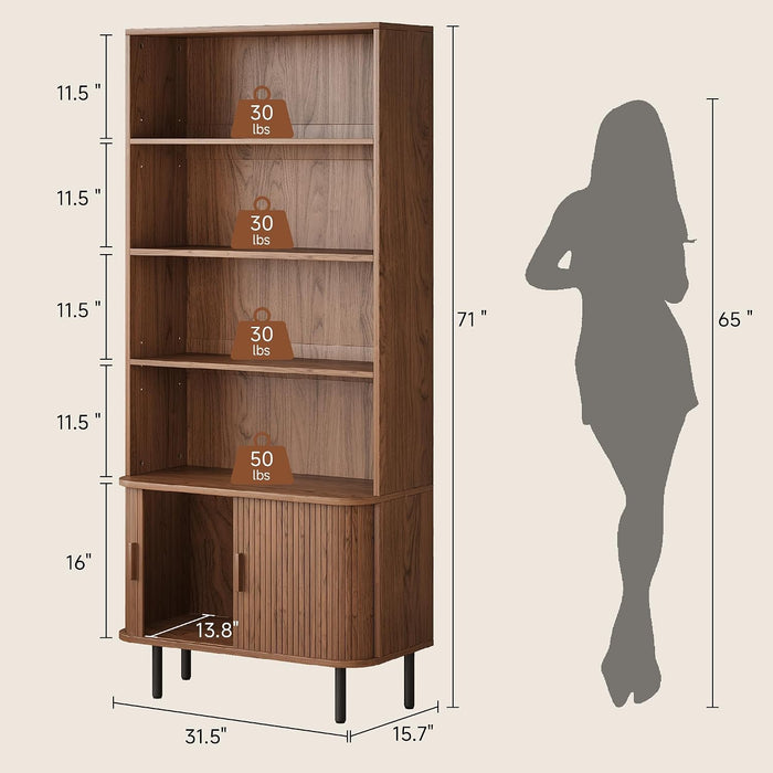 71" Tall Bookshelf with Cabinet, 5 Tier Fluted Bookcase Walnut | with Sliding Door, Adjustable Display Shelf, Free Standing Cube Storage Organizer, Wood Shelving Unit Living Room & Office