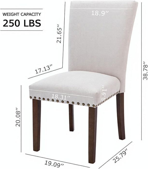 Set of 6 Beige Upholstered Dining Chairs – Farmhouse Kitchen Chairs with High Back, Solid Rubberwood Legs, Padded Foam Seat & Bronze Nailhead Trim, Comfortable Dining Room Chairs for Home