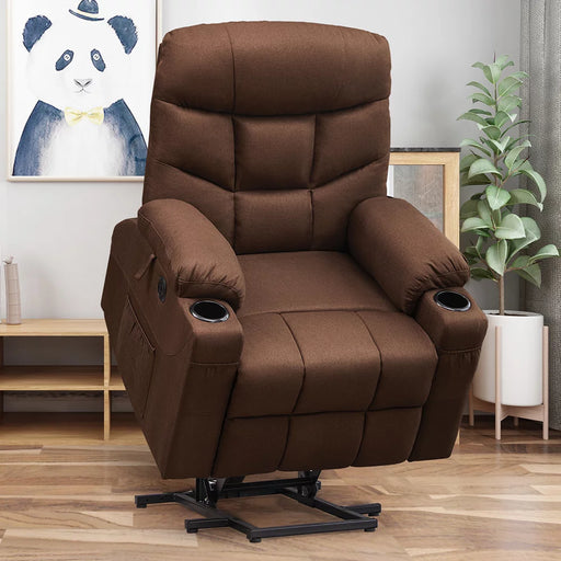 Power Lift Recliner Chair,Massage Lift Chair for Elderly with Heated Vibration,Electric Reclining Chairs,Infinite Position Fabric Recliner Chair,Cup Holders,Remote Control, Brown