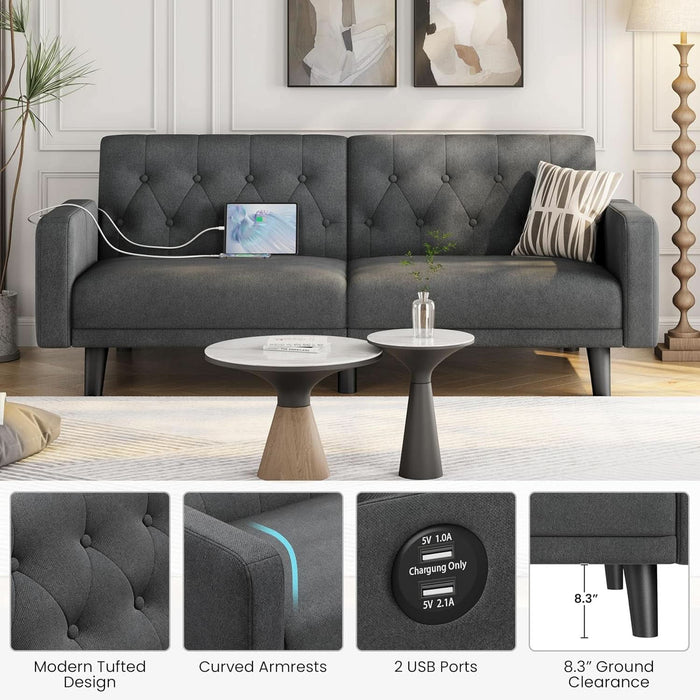 63" Convertible Couch Small Futon Sofa Bed with 2 USB Ports, Reclining Backrest & Removable Armrests, Mid Century Modern Loveseat for Living Room, Apartment, Office, Dark Gray