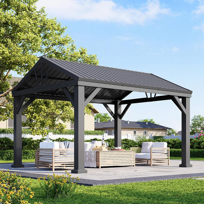 10' X 12' Outdoor Hardtop Gazebo,  Heavy Duty Frame Gazebo with Galvanized Steel Roof, Permanent Metal Patio Pavilion for Backyard Lawn Deck