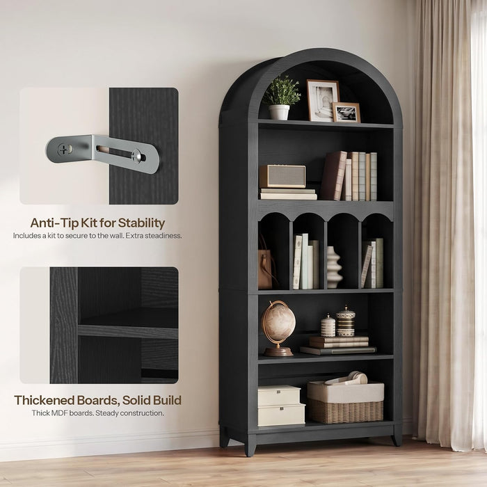70.9" Tall Arched Bookcase, Wooden Open Display Shelves, Black | 5-Tier Book Shelf with Storage, Farmhouse Arched Cabinet for Bedroom, Home Office, Living Room