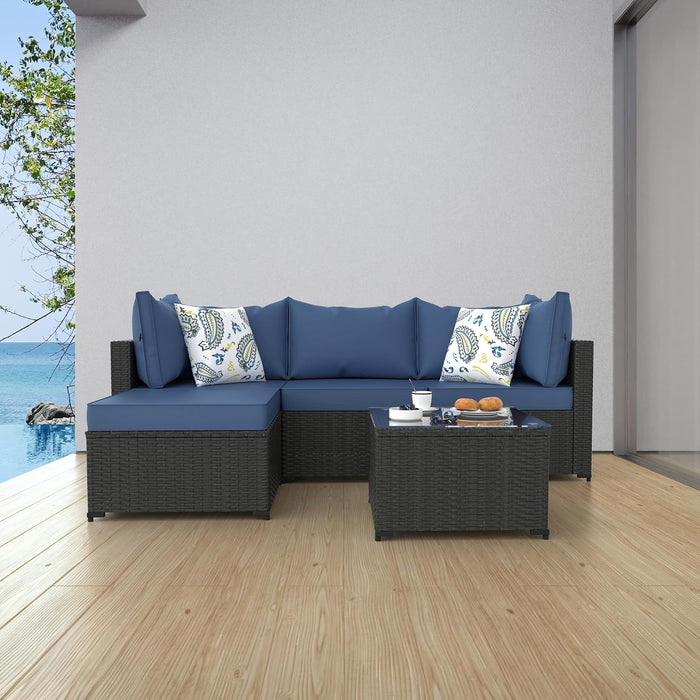 Patio Furniture Set, 5PCS Outdoor Sectional W/ Ottoman & Cushion, Navy Blue