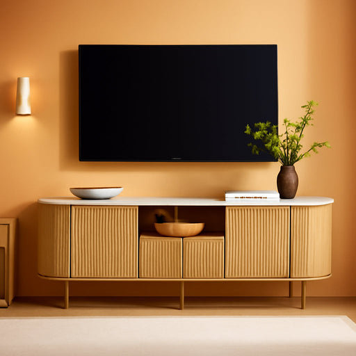 Luxury 70" Fluted TV Stand, Modern Chic Entertainment Center for Tvs up to 80 Inches, TV Console with Faux Marble Top, Curved Profile Design, Media Console for Living Room, Natural Oak