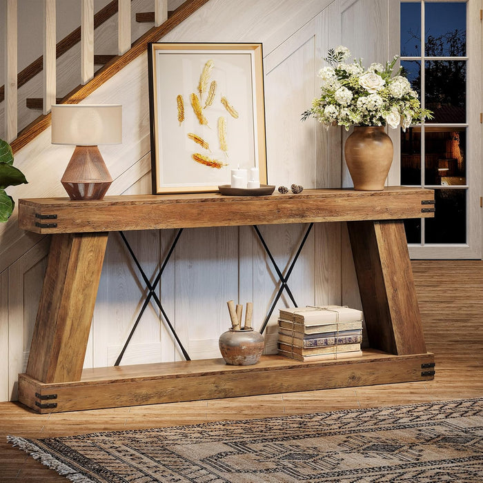 70.9" Farmhouse Console Table, Long Sofa Table behind Couch with Storage, Narrow Wooden Console Station, Industrial Rustic Entryway Furniture for Hallway, Entry, Living Room, Brown