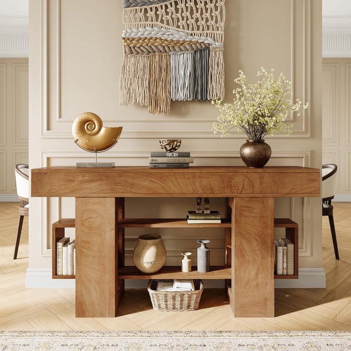 63 Inches Entryway Table, Wooden Console Table with Storage, Narrow Sofa Table behind Couch, Farmhouse Long Entry Hallway Tables for Entrance, Foyer, Living Room, Natural Brown