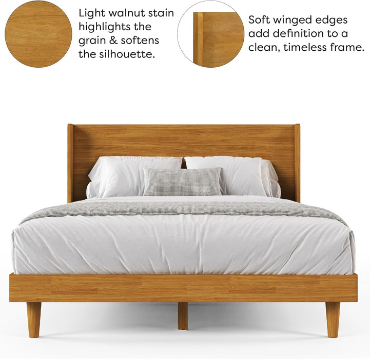 Queen Size Solid Wood Bed Frame with Wingback Headboard, Walnut Brown Finish, Platform Bed Frame, No Box Spring Required