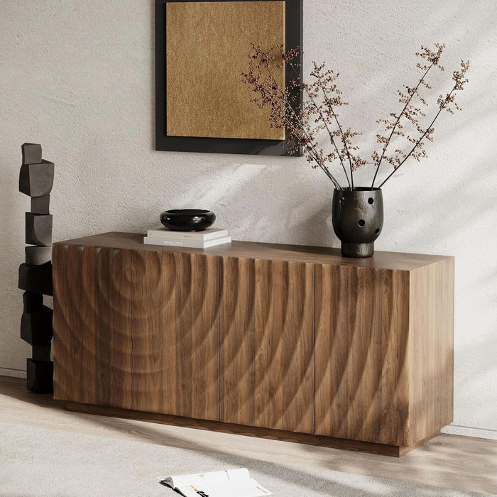 59" Modern Buffet Cabinet with 3D Water Ripple Doors, Sideboard Storage Cabinet with Wooden Base, Freestanding Credenza Console Table for Dining Room Living Room Entryway Coffee Bar, Walnut