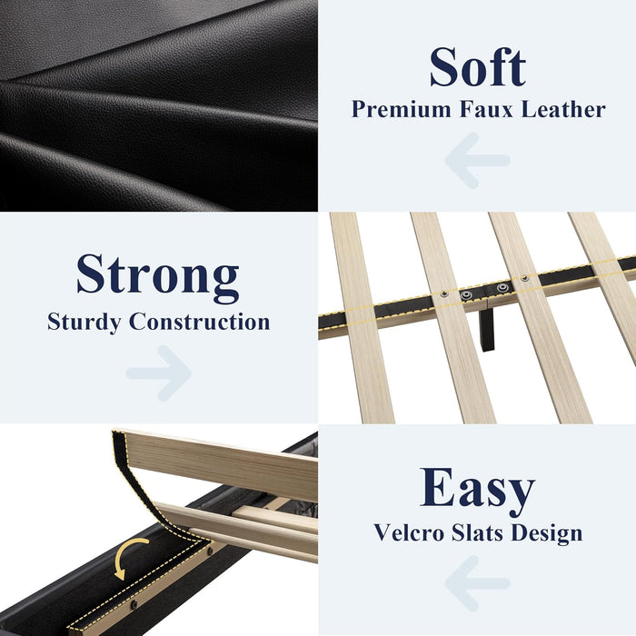 Queen Bed Frame with Adjustable Headboard, Faux Leather Platform Bed with Wood Slats, Heavy Duty Mattress Foundation, No Box Spring Needed, Noise-Free, Easy Assembly, Black