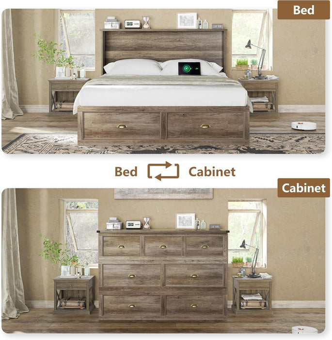 Full Size Murphy Bed, Farmhouse Wooden Cabinet with Charging Station and Storage Drawer for Bedroom/Office/Guest Room, Grey Oak