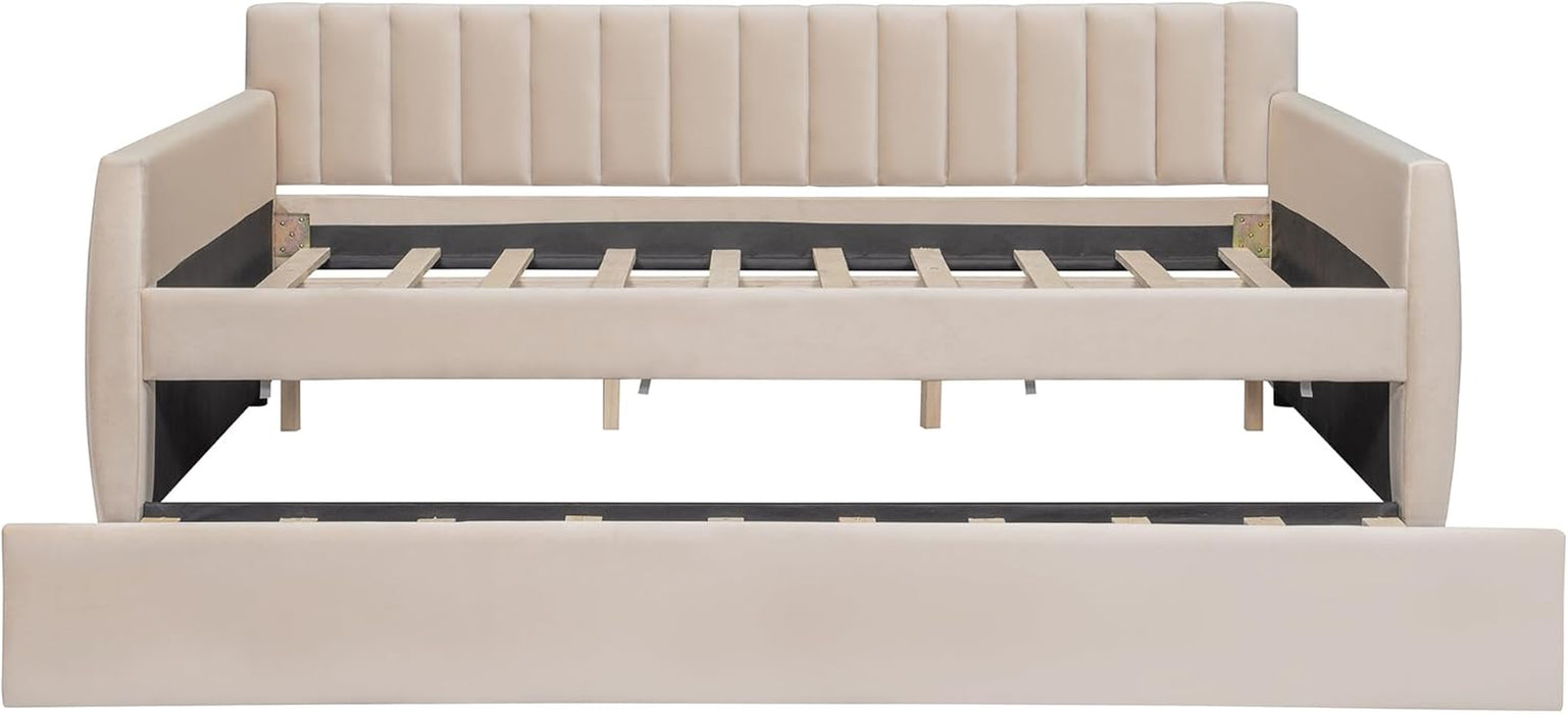 Full Size Daybed with Trundle, Upholstered Day Bed Frame Velvet Sofa Beds with Vertical Channel Tufted Headboard for Living Room, Bedroom, Beige