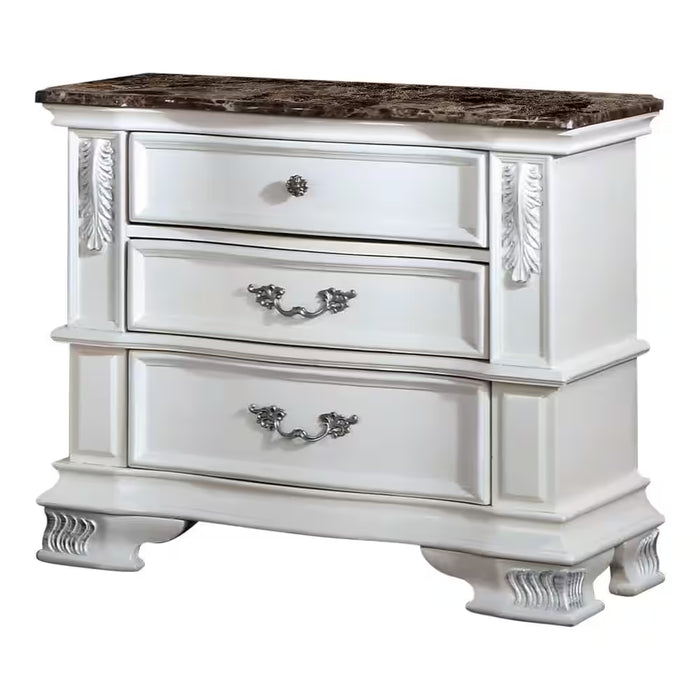 Florince 3-Piece Pearl White King Wood Bedroom Set with 2 Marble Top Nightstands