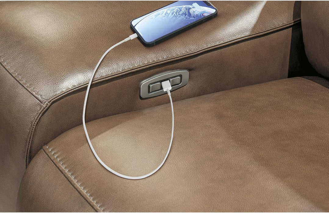 Signature Design by Ashley Spear Hill Contemporary Leather Match Power Reclining Sofa with Adjustable Headrest and USB Ports, Light Brown