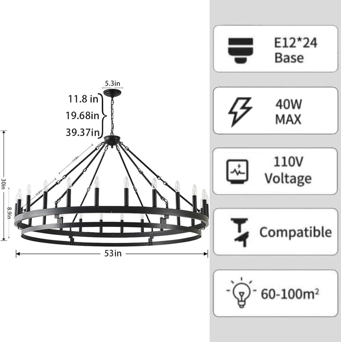 53Inch Black Wagon Wheel Chandelier Farmhouse Industrial