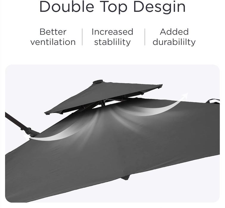 9' X 12' Patio Cantilever Outdoor Umbrella with Base and LED Lights