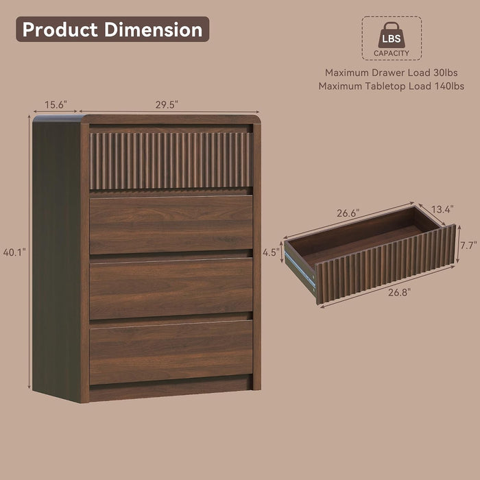 Fluted 4 Drawer Dresser for Bedroom, 40” Tall Modern Dresser & Chest of Drawers with Curved Profile Design, Wood Mid Century Dressers for Bedroom, Living Room, Walnut