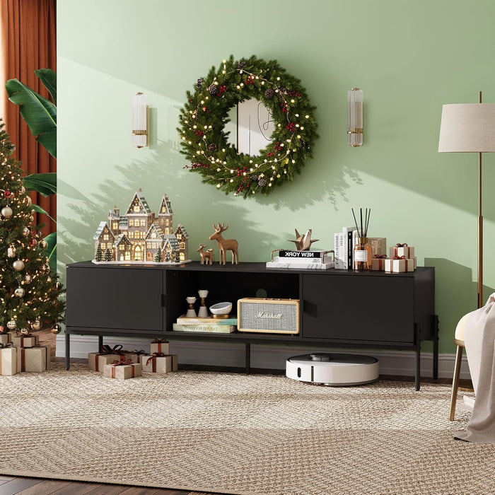 TV Stand for 65 Inch TV, Mid Century Modern Entainment Center with 2 Storage Cabinets & Open Shelf, TV Console Table Media with Metal Legs for Living Room, Bedroom, Black