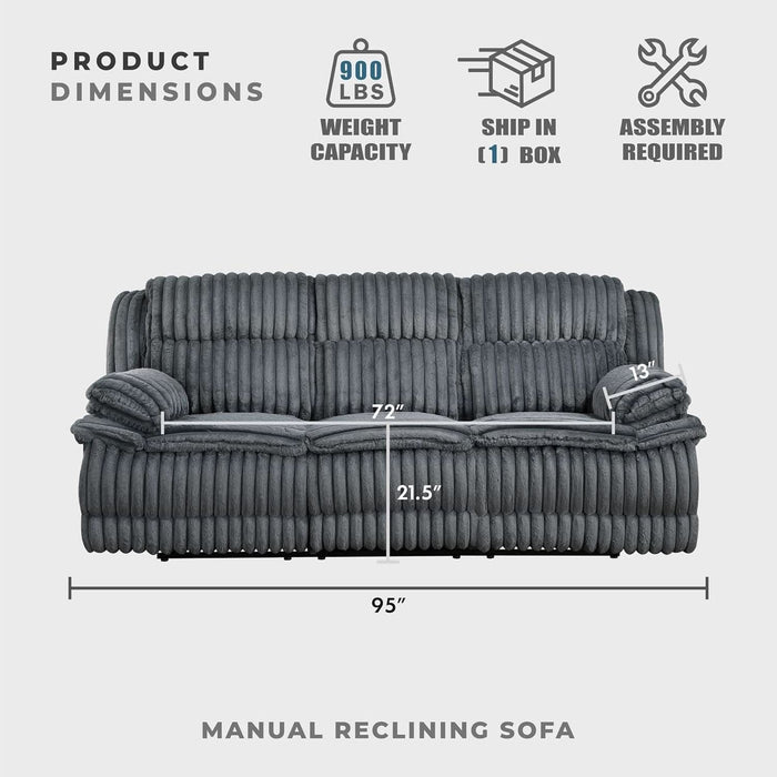 Mnul Double Reclining Sof, Corduroy Mnul Wll Hugger Recliner Couch, Pillow Top rms, Plush Fom Cushions over Pocket Coils, Cozy Reclining Sof for Living Room, Drk Gry