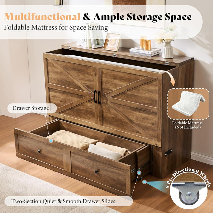 Full Murphy Bed Cabinet with Charging Station and Storage, Farmhouse Foldable Platform Bed for Guest Room, Office, Small Spaces, Barnwood