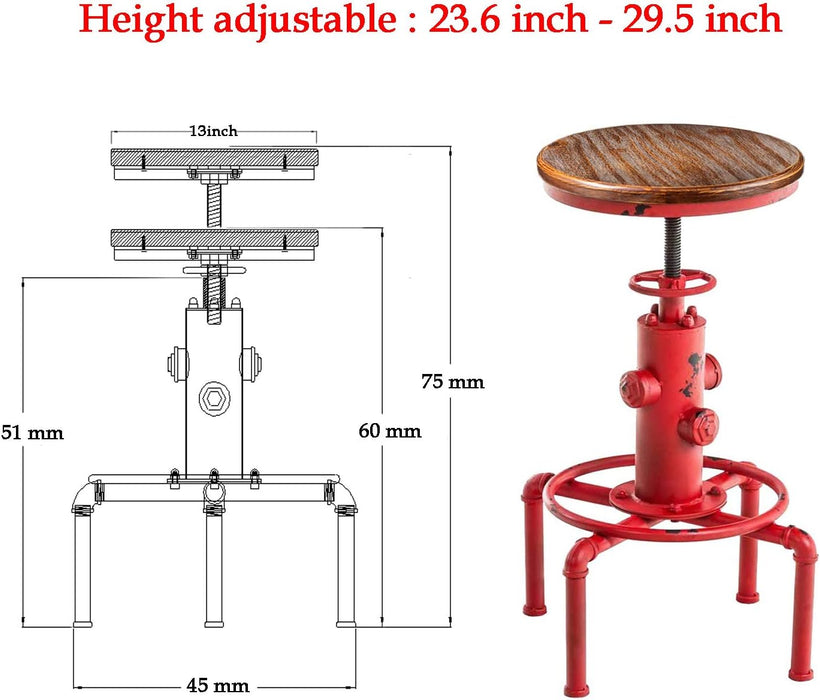 Aged Antique Vintage Industrial Barstool Solid Wood Water Pipe Fire Hydrant Design Cafe Coffee Industrial Bar Stool Set of 2 Antique Red