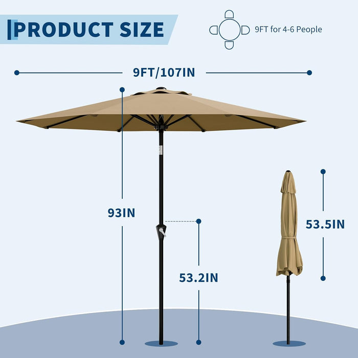 9FT Patio Umbrella - Outdoor Table Umbrella with Smooth Crank Lift, Push Button Tilt and 8 Sturdy Ribs - Market Umbrella UV Protection Waterproof for Pool, Deck, Yard, Garden