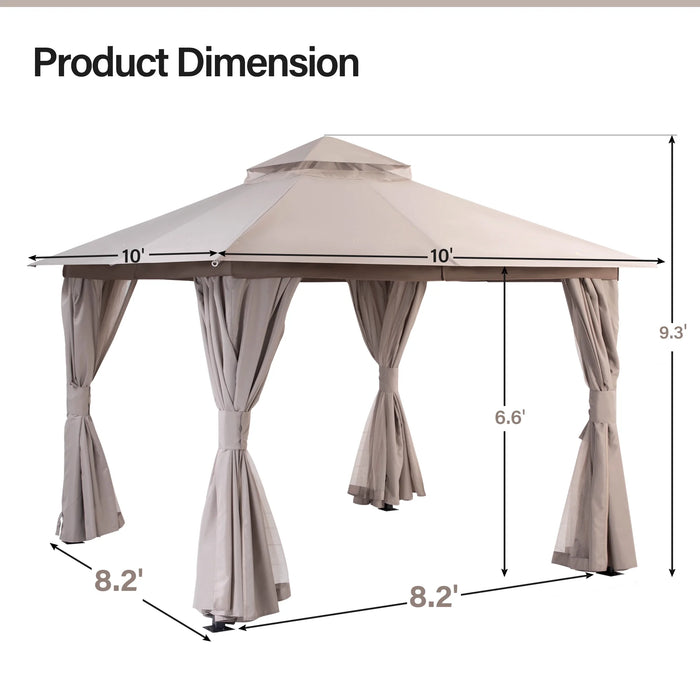 10'X10' Patio Gazebo, Double Roof Outdoor Shelter Tent with Mosquito Nettings and Privacy Screens, Khaki