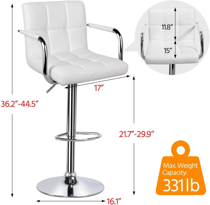 Bar Stools Set of 2, PU Leather Adjustable Swivel Barstools, Hydraulic Kitchen Counter Height Bar Chairs with Armrest and Back for Bar, Kitchen, Dining Room, White