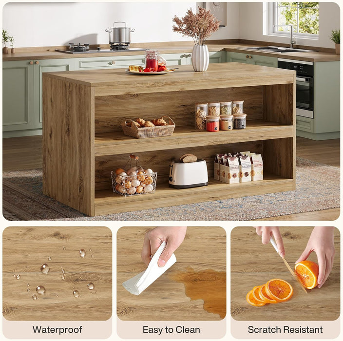 Tribesigns 59-Inch Kitchen Island with Storage, 3-Tier Farmhouse Stationary Island Table with Large Worktop & Seating Area, Rectangular Breakfast Counter for Kitchen, Dining Room, Light Wood
