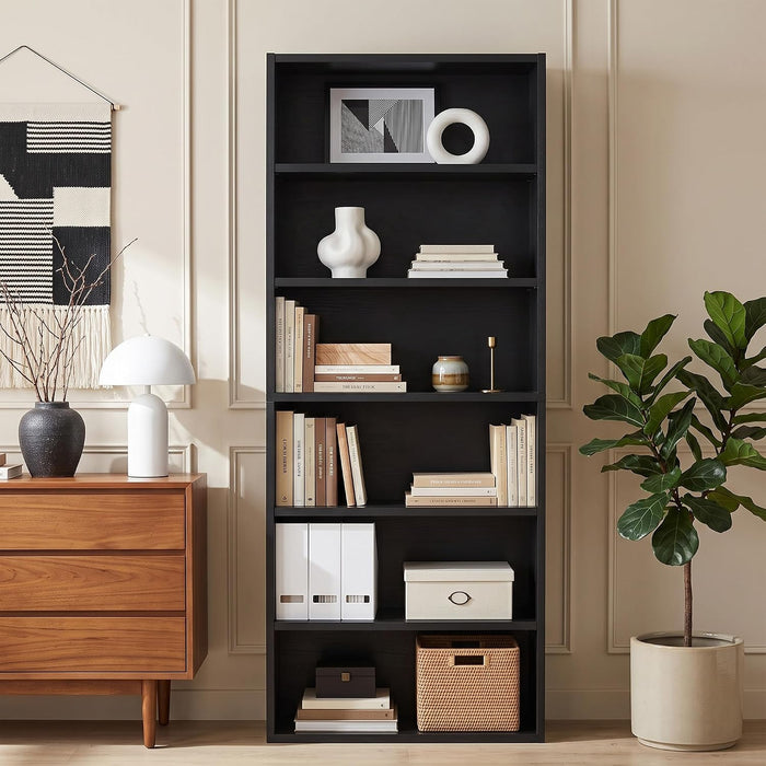 Black Tall Bookshelf with Adjustable Shelf, 6 Tier Display Storage Shelves | 63 Inch Tall, Floor Standing Wood Shelves with Anti-Toppling Kits, Modern Open Bookshelf for Bedroom, Home Office