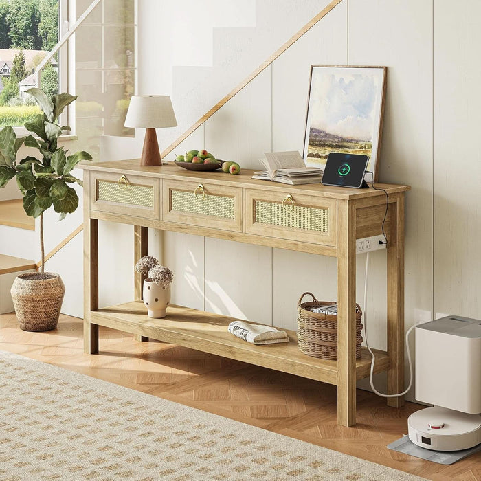 Rattan Console Sofa Table with Outlets and USB-C Port, 3 Drawer Entryway Table with Synthetic Rattan Surface, Open Shelf, behind Couch Entry Foyer Hallway Storage, Natural