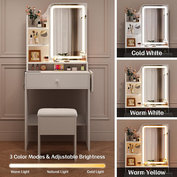 Small Vanity Desk with Mirror and Lights, Makeup Vanity with Charging Station, Compact Dressing Table Set with Storage Chair, Drawer and Shelves for Bedroom, White