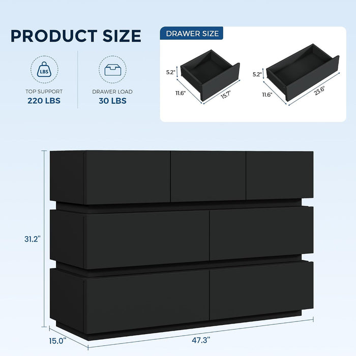 7 Drawer Dresser with LED Lights, Modern Black Dresser for Bedroom