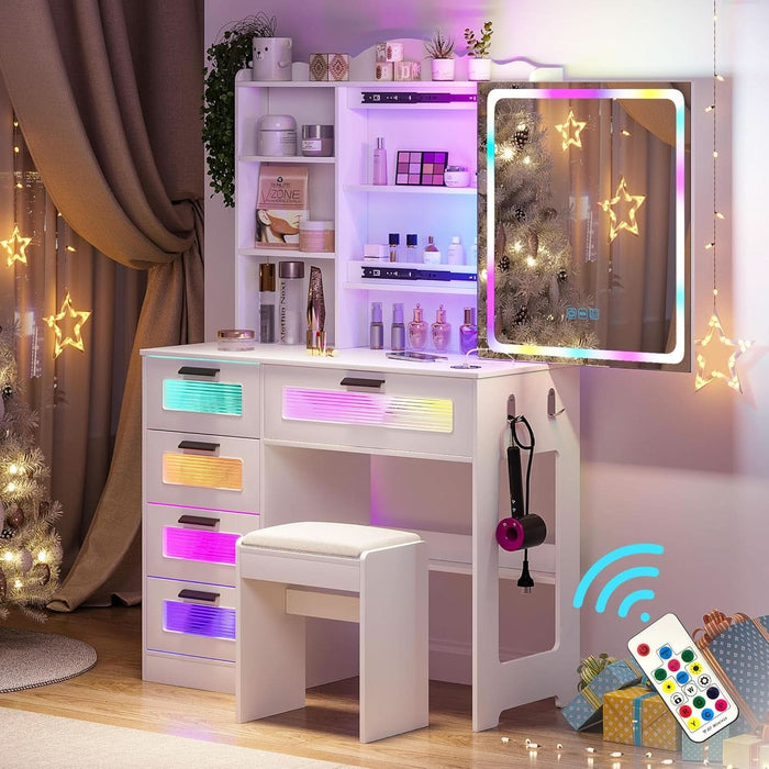 Vanity with LED Mirror, 6 Drawer Dresser with Charging Station for Bedroom, Small Makeup Vanitys Table with RGB Light, Vanity Set with Chair,Jewelry Organizer for Girls-White