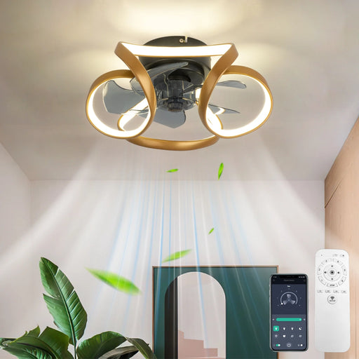 Ceiling Fans with Lights and Remote, Dimmable Low Profile Gold Ceiling Fan, Flush Mount Bladeless Ceiling Fan, Stepless Color Temperature Change and 6 Speeds