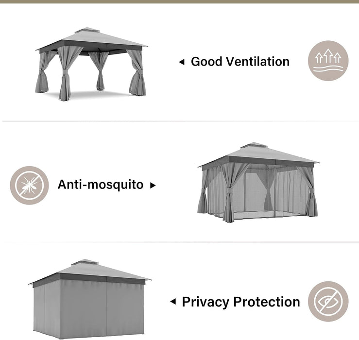Gray 12x12 Outdoor Gazebo With MosquitoNetting Coverage